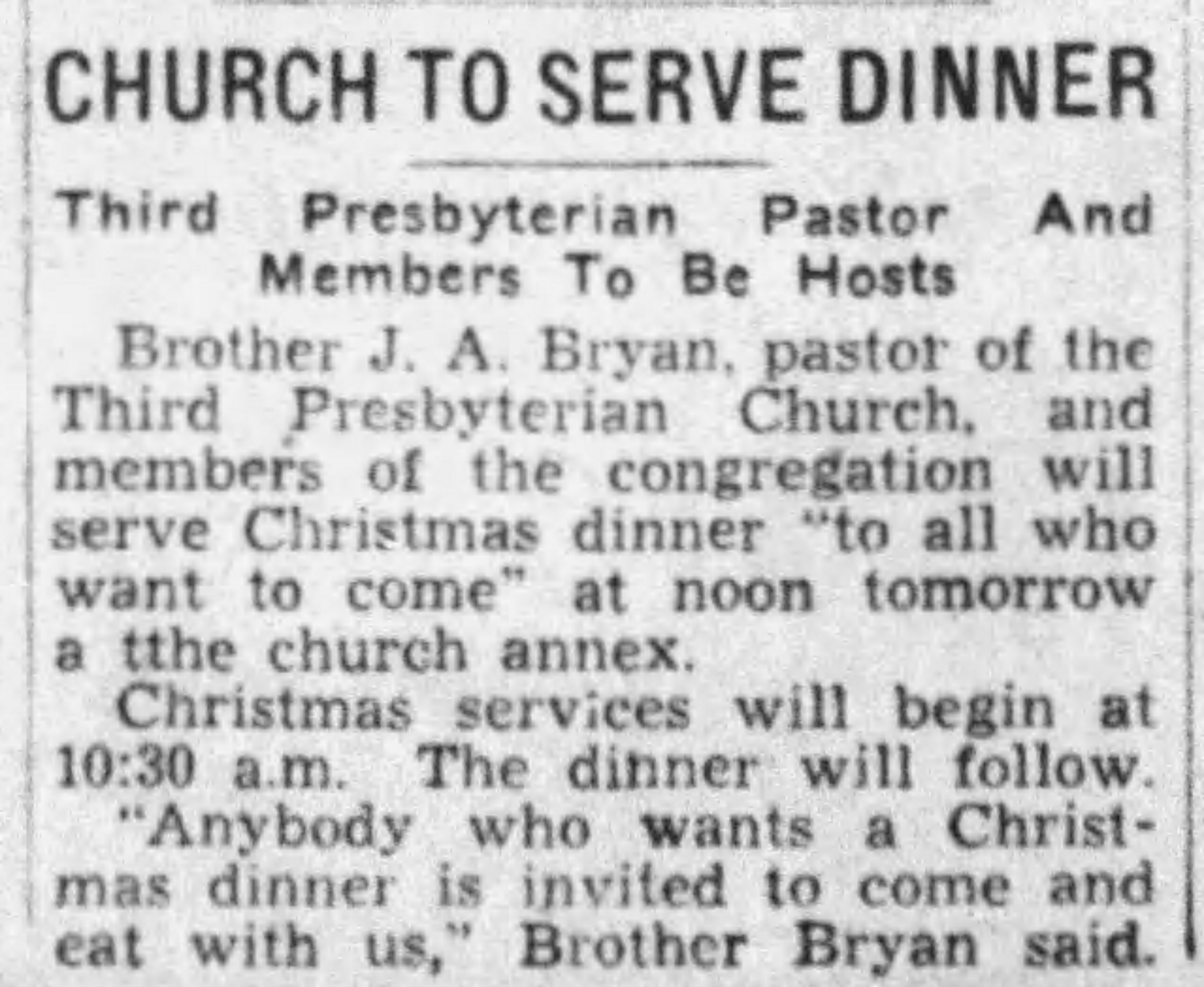Church To Serve Dinner